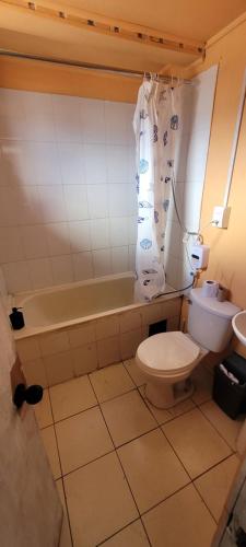 a bathroom with a toilet and a bath tub at Casa Club in Puerto Montt