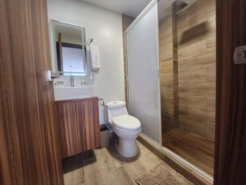 a bathroom with a toilet and a glass shower at 21 Bella habitación Consulado in Guadalajara