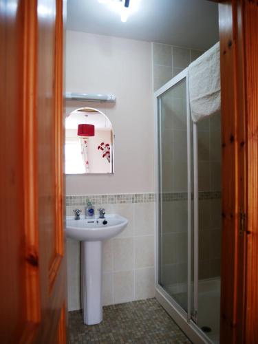 a bathroom with a sink and a shower at SeaBreeze - Portballintrae in Portballintrae