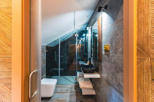 a bathroom with a toilet and a glass shower at ZEN & ART - Alojamento de Charme in Santa Maria Da Feira