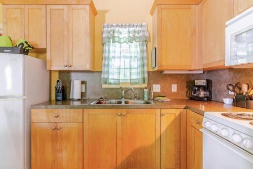 a kitchen with wooden cabinets and a white refrigerator at Rustic Cabin on 28-Acre Property in the Foothills of the Blue Ridge Mountains in Elkin