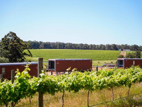 a row of shipping containers in a field with vines at Aravina Escapes in Yallingup Siding