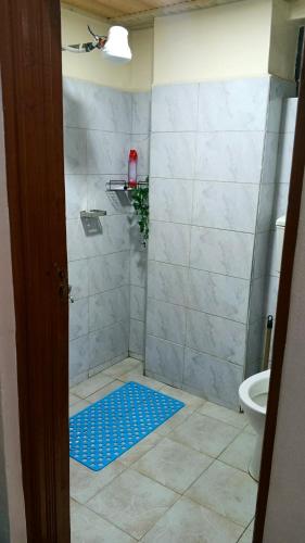 a bathroom with a shower with a blue mat on the floor at Modern studio apartment juja in Nairobi