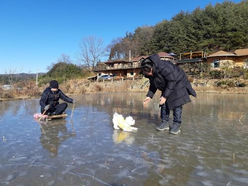 two people in the water looking at a white bird at Red Clay Pension Dream Conversation in Donghae