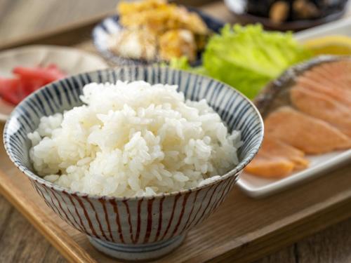 白山市千丈温泉 ペンシオーネセイモア サウナはくさん SENJO Onsen PENSIONE SEYMOUR Sauna Hakusan的桌上的一碗饭,有盘饭