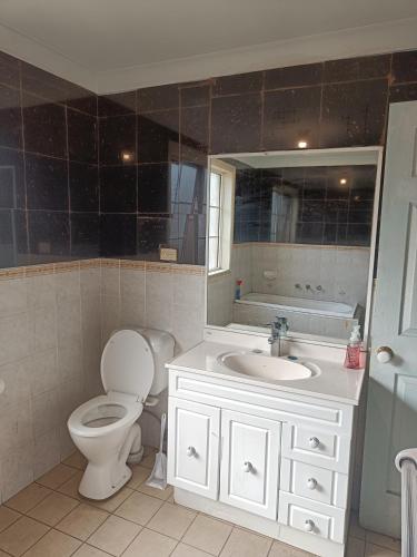 a bathroom with a toilet and a sink and a mirror at Budget Queen Room - 493 in Wentworthville