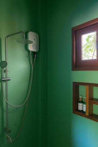 a bathroom with a shower in a green wall at TangboSurfHouse in Alegria