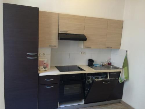 Elle comprend une petite cuisine avec des placards en bois et un évier. dans l'établissement Appartement Nice Centre, à Nice