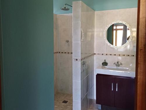 a bathroom with a sink and a mirror at Pool House at the Old Victorian in Tulbagh