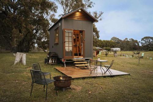 a tiny house in a field with a table and chairs at Hillsview Cottage by Tiny Away in Taradale