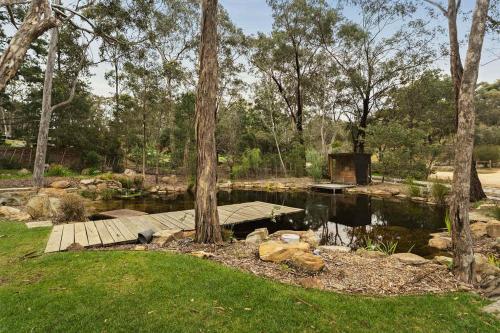 a wooden bridge over a pond in a park at Castlemaine Hideout by Tiny Away in Castlemaine