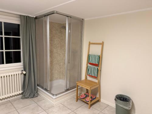 een badkamer met een douche en een houten stoel bij DASCO Isenthal in Isenthal