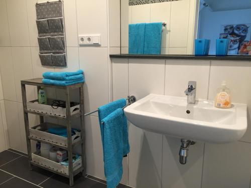 een badkamer met een wastafel, een spiegel en blauwe handdoeken bij Apartment Maasheuvel in Arcen
