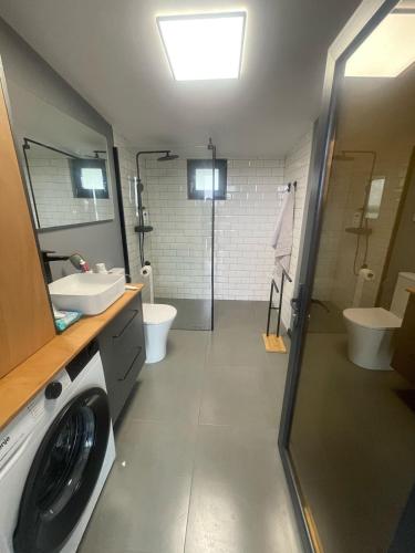 a bathroom with a washer and a washing machine at Carsium View House in Hîrşova