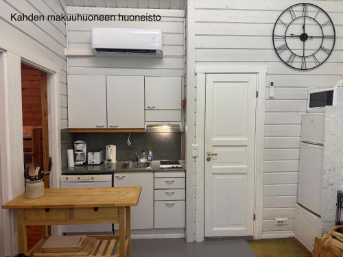 een keuken met witte kasten en een klok aan de muur bij Messner Tahko in Tahkovuori