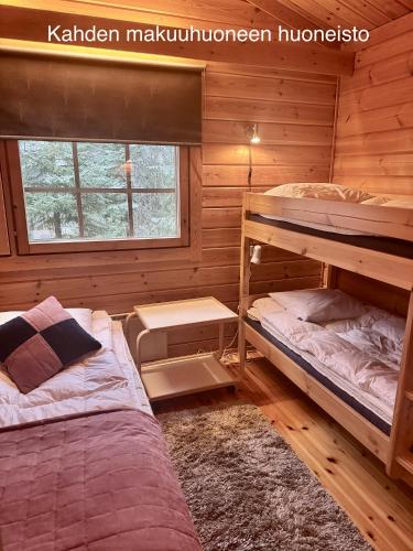 a bedroom with two bunk beds and a window at Messner Tahko parimökki - Saunallinen ja saunaton huoneisto - in Tahkovuori