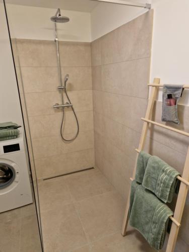 a shower with a glass door in a bathroom at Beethoven29 / Studio mit Garten direkt in Krems in Krems an der Donau