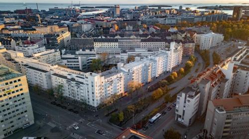 an aerial view of a city with tall buildings at Central Luxury Stay w Vintage Charm & Sauna in Helsinki