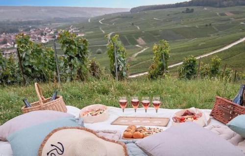 a picnic table with wine glasses and food on a hill at Charmante Maison À La Campagne in Chaintrix-Bierges