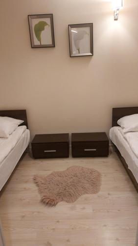 a bedroom with two beds and a rug on the floor at Motylowa Przystań in Łódź