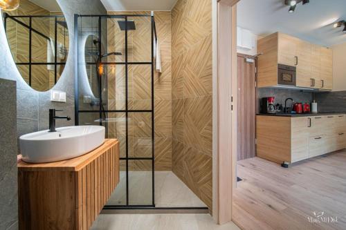 a bathroom with a sink and a glass shower at Apartamenty Good Time - Stone Hill IV in Szklarska Poręba