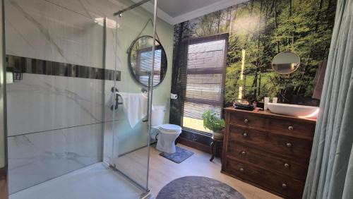 a bathroom with a shower and a toilet and a sink at Fairfield Cottages in Ceres