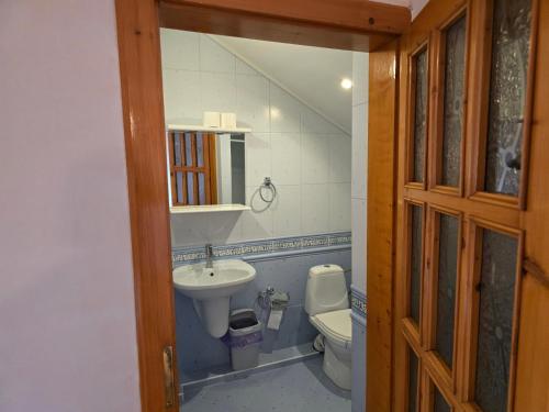 a small bathroom with a sink and a toilet at ТСЦ Тисовець in Tysovets