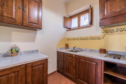 a kitchen with wooden cabinets and a sink at Sarzana-Charming Apartment Pool and BB in Sarzana