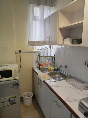 a kitchen with a sink and a counter top at Executive Express Rooftop Pool suites- Ngara in Nairobi