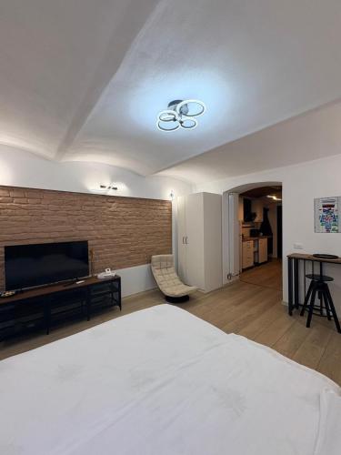 Una sala de estar con una cama y un televisor. en Gojdu Studio by the River, en Timisoara