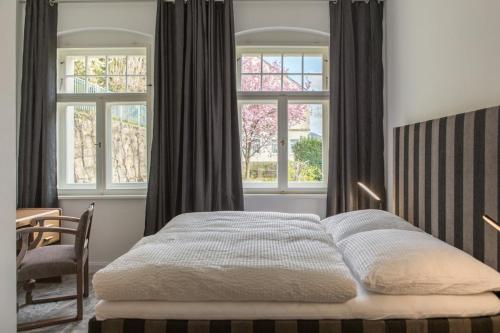 a bedroom with a bed and two windows at Villa Elbufer in Bad Schandau