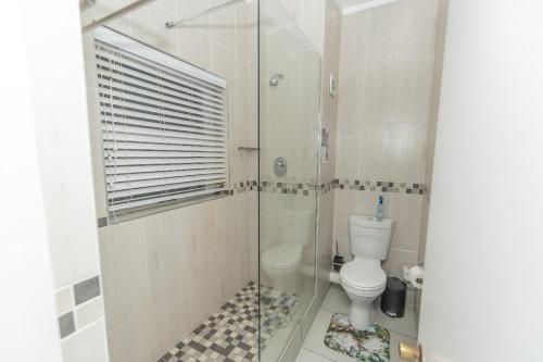 Un baño con inodoro y ducha de cristal. en Brookes at Sea, en Gqeberha