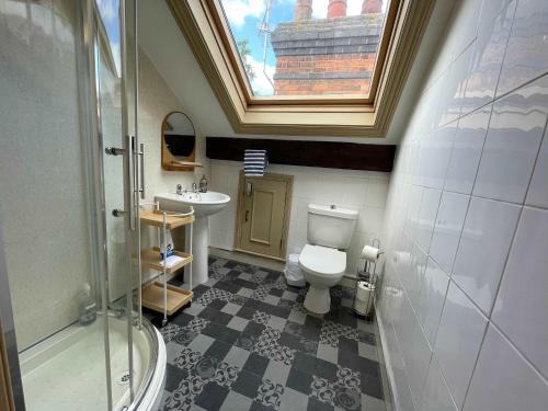 een badkamer met een toilet, een wastafel en een dakraam bij Worcester City Centre self check-in cosy loft apartment in Henwick
