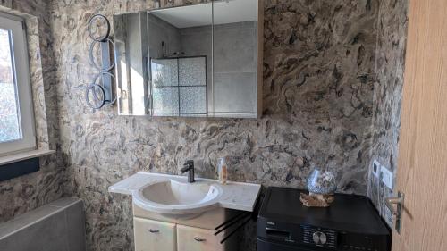 ein Badezimmer mit Waschbecken und Spiegel in der Unterkunft Ferienwohnung Schusi Kesselsdorf in Kesselsdorf