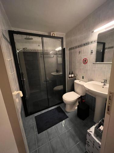 a bathroom with a shower and a toilet and a sink at Sea & Serenity - Balcony Daydreaming in Neos Marmaras