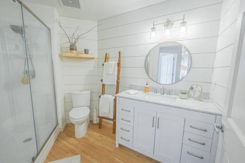 een badkamer met een wastafel, een toilet en een spiegel bij Darlin Downtown Dawghouse in Athens