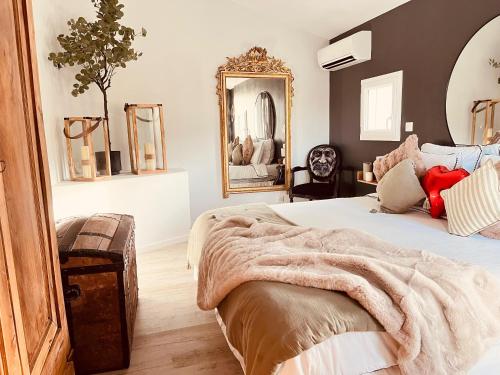 a bedroom with a bed with a blanket and a mirror at CALME - 15 min Toulouse - PISCINE - SPA in Mons
