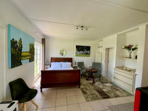 ein Schlafzimmer mit einem Bett, einem Schreibtisch und einem Stuhl in der Unterkunft Cozy Cottage in idyllic greenery in Harkerville