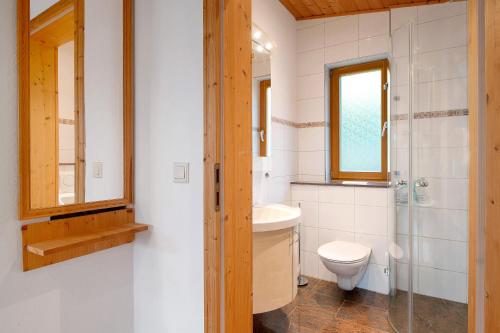 Un baño con inodoro, lavabo y ducha. en Ferienhaus Weichart, en Sulzburg