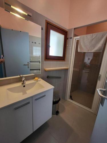 a bathroom with a sink and a shower at La grange neuve in Bairols
