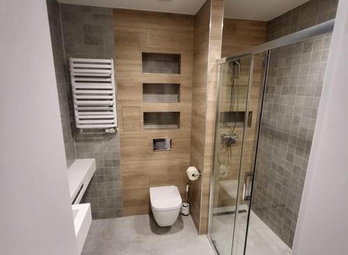 a bathroom with a toilet and a glass shower at Sanatorium Gryf in Połczyn-Zdrój