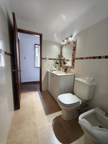 a bathroom with a toilet and a sink and a mirror at La Recompensa House in Colonia Nuevo Paysandú