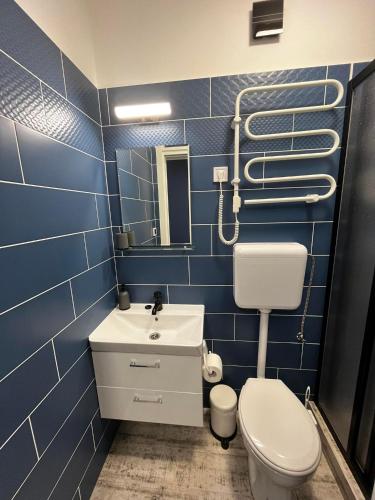 a blue tiled bathroom with a toilet and a sink at Margaréta Studió Apartman in Hódmezővásárhely