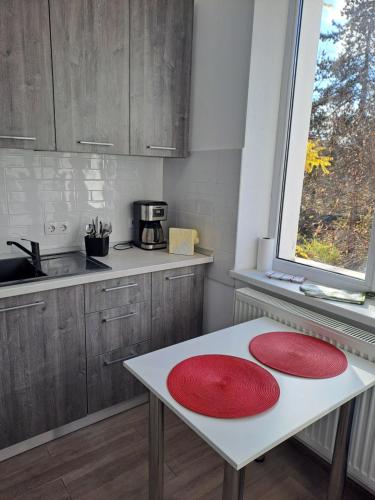 a kitchen with two red plates on a white table at Studio One in Făgăraş
