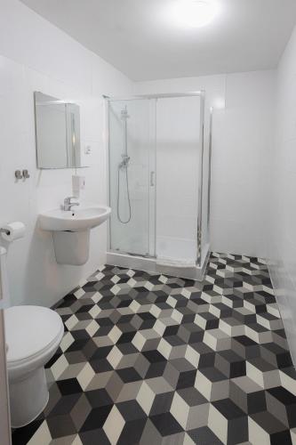a bathroom with a shower and a toilet and a sink at Ośrodek Wypoczynkowo-Rehabilitacyjny Perła Borów in Tleń
