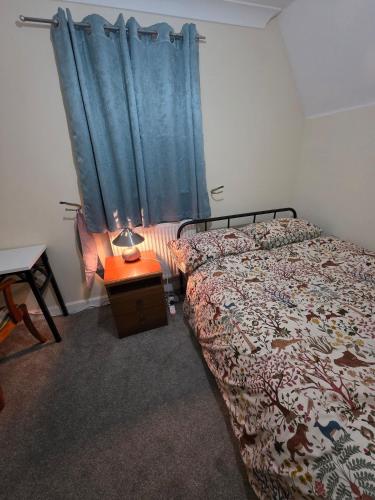 a bedroom with a bed and a blue curtain at Charming Colchester Room with Garden Views in Hythe