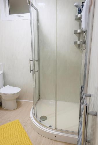 a shower stall in a bathroom with a toilet at Boutique-Style Studio Near BHX Airport & NEC in Birmingham