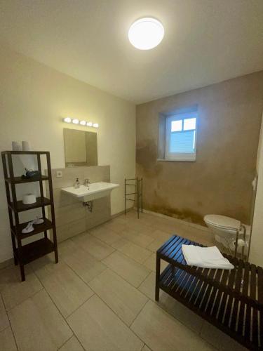 a bathroom with a sink and a toilet and a window at Gut Settin am See - Ferienhäuser in Settin