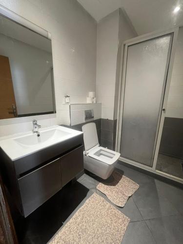 ein Badezimmer mit Waschbecken, Toilette und Dusche in der Unterkunft Appart hôtel las jemelas in Casablanca