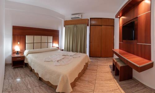 a hotel room with a bed and a flat screen tv at City Hotel Termal in Termas de Río Hondo